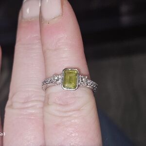 Custom 14k white gold ring with emerald cut peridot